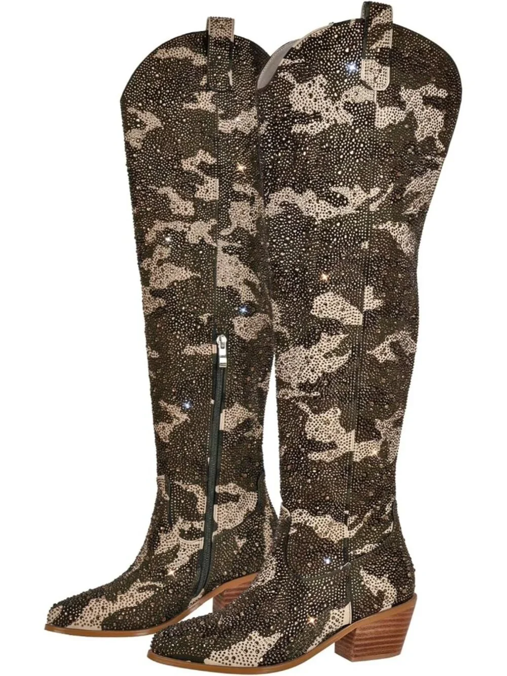 🆕 Women's Camouflage Embroidered Rhinestones Western Wide Calf Cowboy Boots